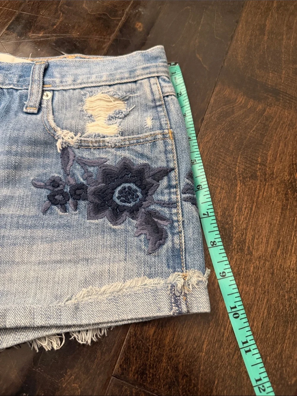 Abercrombie & Fitch Light Blue Distressed Denim Shorts with Floral Embroidery